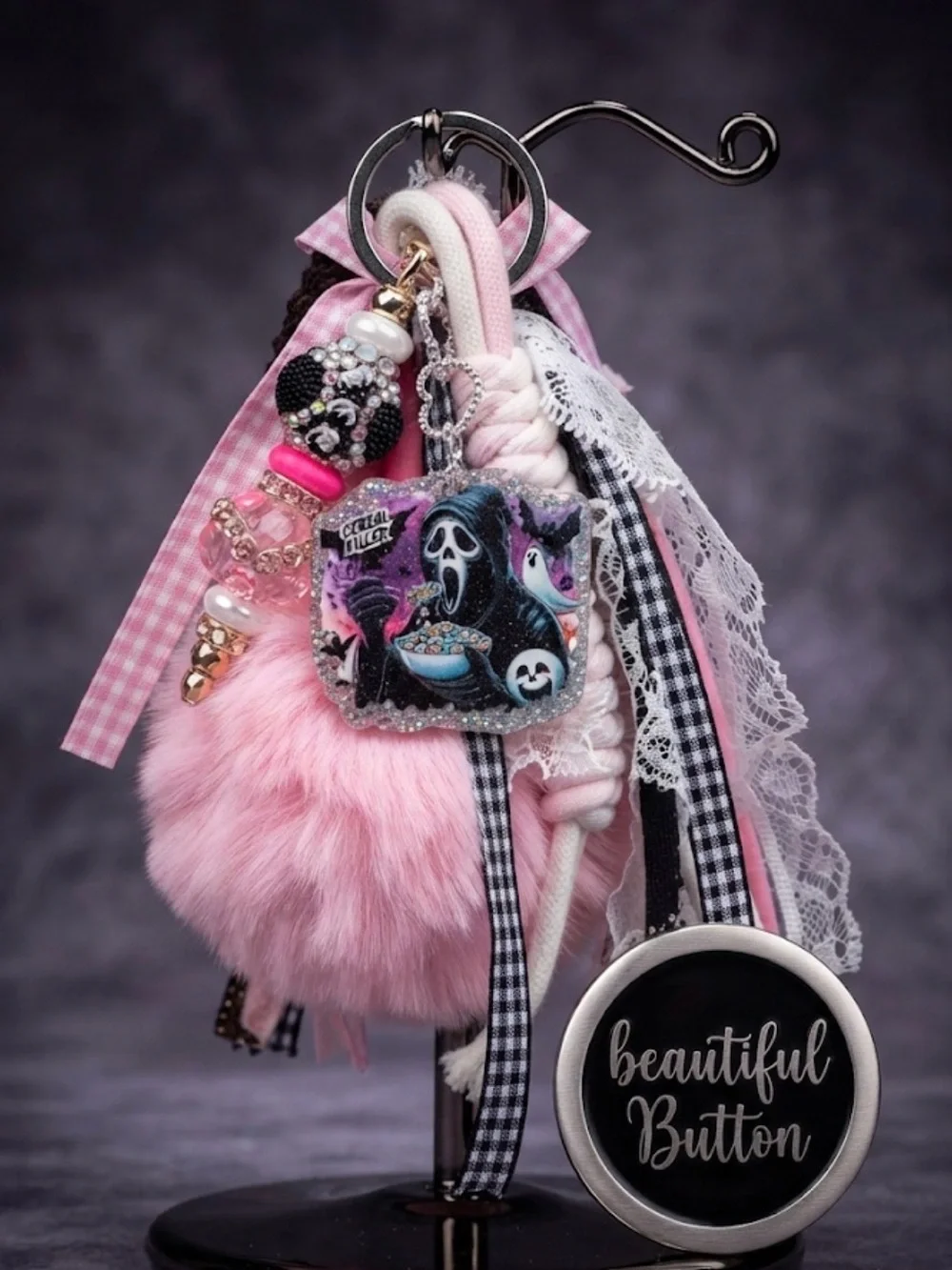 (Sold) Custom Pink Furry Pom Pom junk Keychain with Gothic Charm